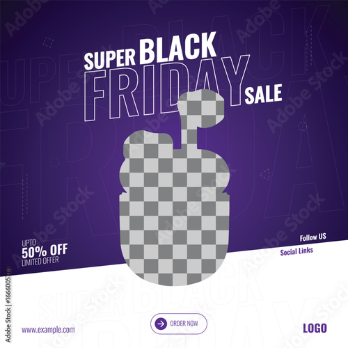 Square purple banner design with bold Black Friday sale advertising text. Creative social media post template for wireless earbuds or TWS promotions Perfect for discount offers hot deals flash sales