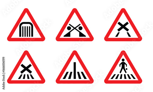 A Collection of Six Warning Traffic Signs Featuring Pedestrian Crossings, Railway Crossings, and Tunnels