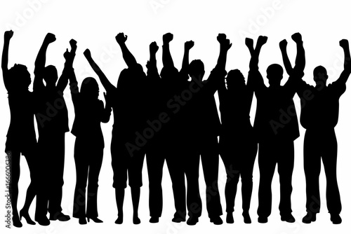 A group of people celebrating with raised arms in silhouette form together