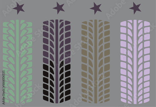 A graphic vector illustration showcasing four diverse and colorful tire tread patterns, each uniquely designed and adorned with a star, representing automotive traction and performance variations