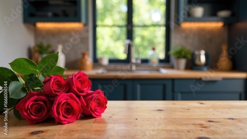 Beautiful natural wooden Empty table with bouqet red roses on modern dark kitchen interior blurred background behind withgolden sunshine from window. valentine day cocept