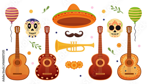Celebrating Dia de Muertos with vibrant decorations and musical elements for the festival