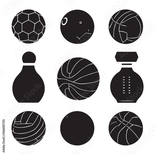 set of black various Sports Balls vector silhouettes isolated on white background