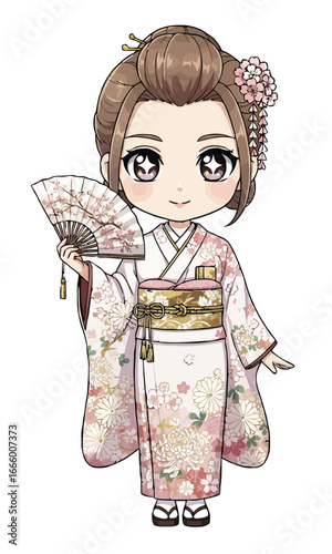 Chibi character wearing traditional kimono with floral patterns, holding a small fan, standing centered