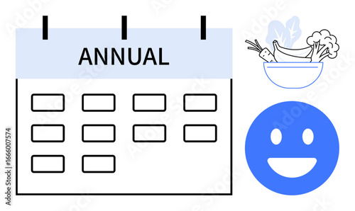Calendar labeled Annual, a blue happy, and a vegetable bowl. Ideal for planning, wellness, yearly goals, nutrition, organization, positivity simple landing page