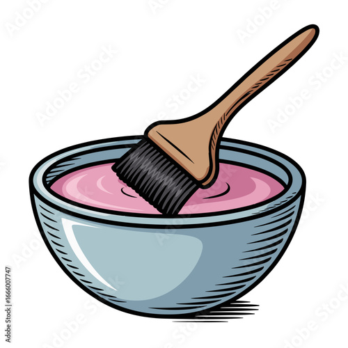 Hand-drawn hair dye bowl with brush in pastel colors for hairstyling concepts