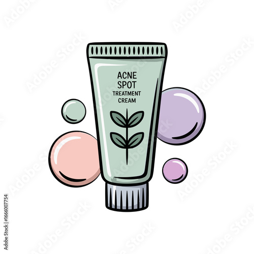 Hand-drawn acne spot treatment cream tube with bubbles in pastel colors for skincare concepts
