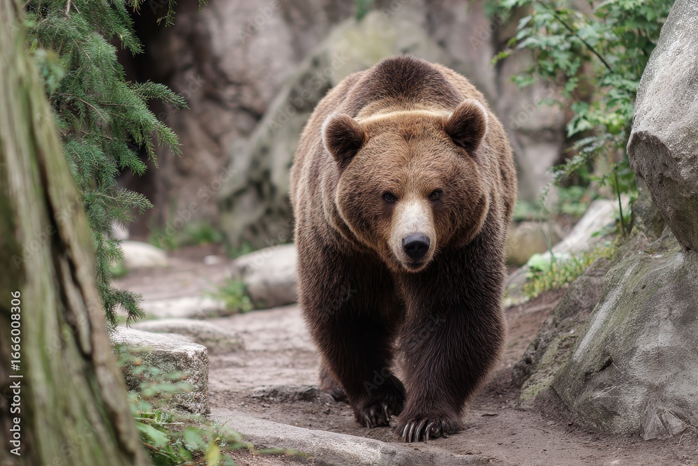 Obraz premium Brown bear slowly walks in high habitat at zoo, surrounded by rocks and greenery during daytime visit