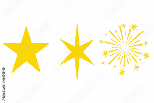 Golden star shapes and exploding starburst on white background