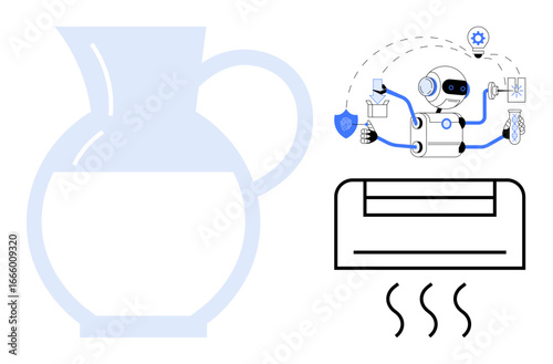 Robot managing smart technology, air conditioning emitting heat waves, translucent water pitcher. Ideal for automation, smart homes, energy efficiency, eco-innovation, digital transformation, AI