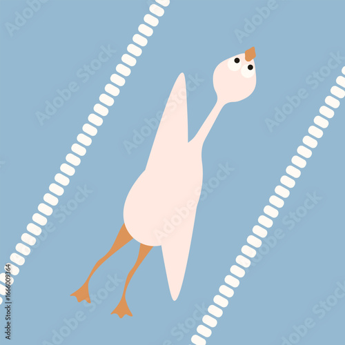 Vector illustration of whimsical kids Goose in the pool. Silly Goose swimming in the pool. Cute nursery art, pool children interior room poster card cover print. EPS 10