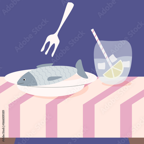 Amalfi. Summer art. Vector illustration of simple Sardines on the plate glass with fresh lemonade on the table with stripe tablecloth. Rural picnic. Perfect room interior poster card cover print. EPS 