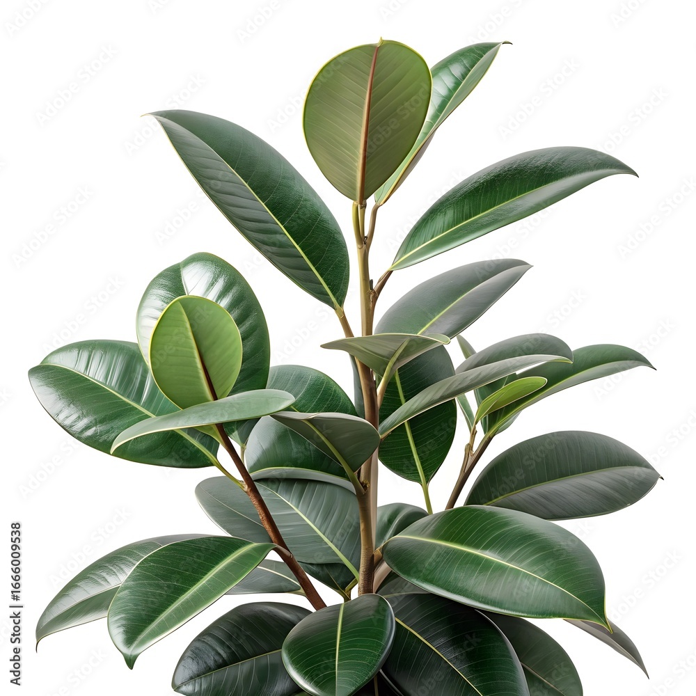 Naklejka premium Rubber Plant Bold Glossy Green Leaves with Smooth Oval Form and Elegant Upright Growth on White Background Highlighting Minimalist Style, Fresh Modern Charm, and Natural Beauty