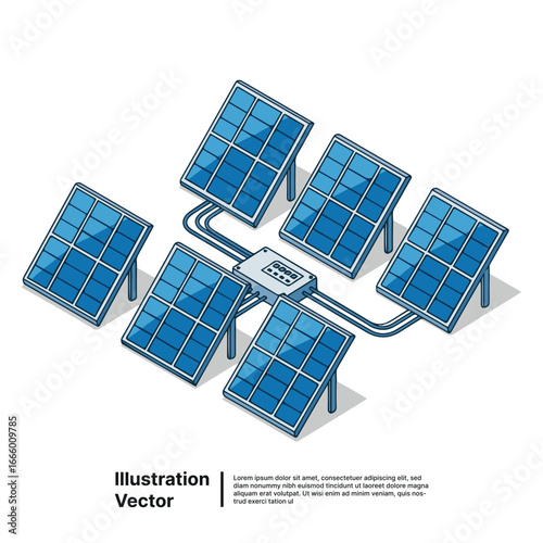 Isometric vector illustration of a modern solar panel system for renewable green energy production