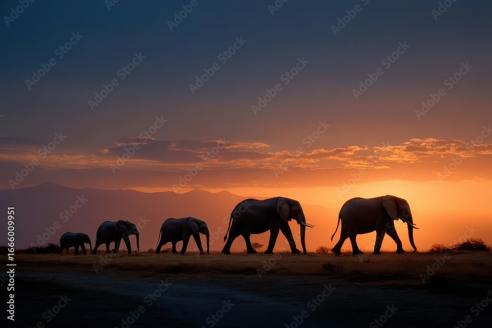 Obraz premium Silhouettes of elephants walking against the sunset in Amboseli National Park, Kenya, showcasing the beauty of wildlife in their natural habitat
