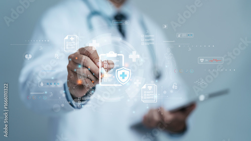 Medical check concept. Doctor with online checklist survey for health care checkup, assessment, questionnaire on digital form. medical service. Research and  Diagnosis report  with Ai technology