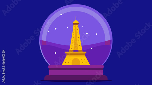 Snow globe with golden Eiffel Tower inside on a purple background in kitsch aesthetic style