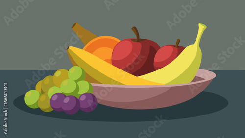 Colorful fruit bowl with bananas, apples, grapes and peach in flat kitsch style on dark background