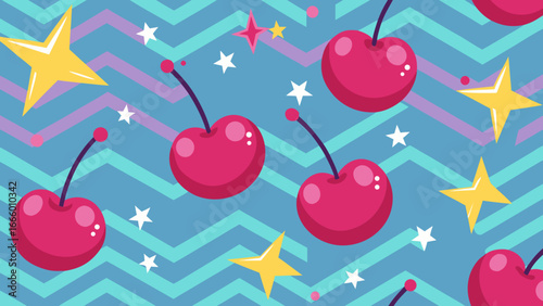Flat vector pattern of oversized cherries, glittering stars, and bold zigzag stripes, inspired by 80s pop kitsch wallpaper