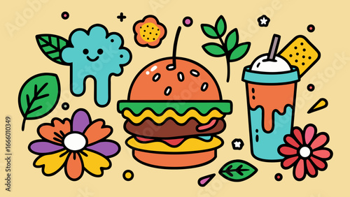 Colorful cartoon burger, soda and flowers in playful kitsch doodle style on beige background