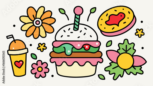 Hand drawn doodle vector of bizarre food mix — burger with ice cream on top, soda cup with flowers, playful black outlines and messy colorful fills