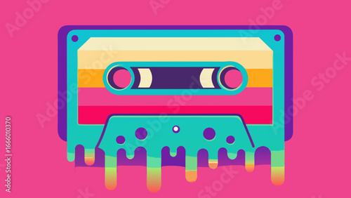 Gradient vector poster of vintage cassette tape melting in rainbow neon colors, distorted typography, maximalist contrast between turquoise and hot pink