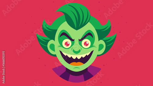 Cartoonish green villain face with exaggerated smile and red eyes in kitsch pop style on pink background