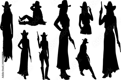 Silhouettes of western style cowgirls, set of vector illustrations on white
