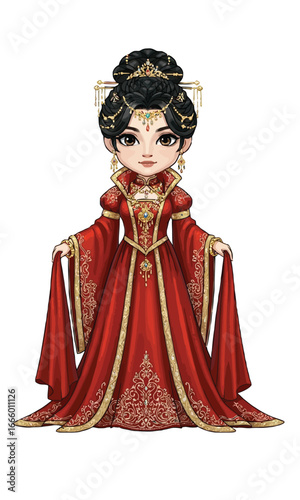 Chibi styled fashionista wearing elegant red gown with jewelry standing gracefully
