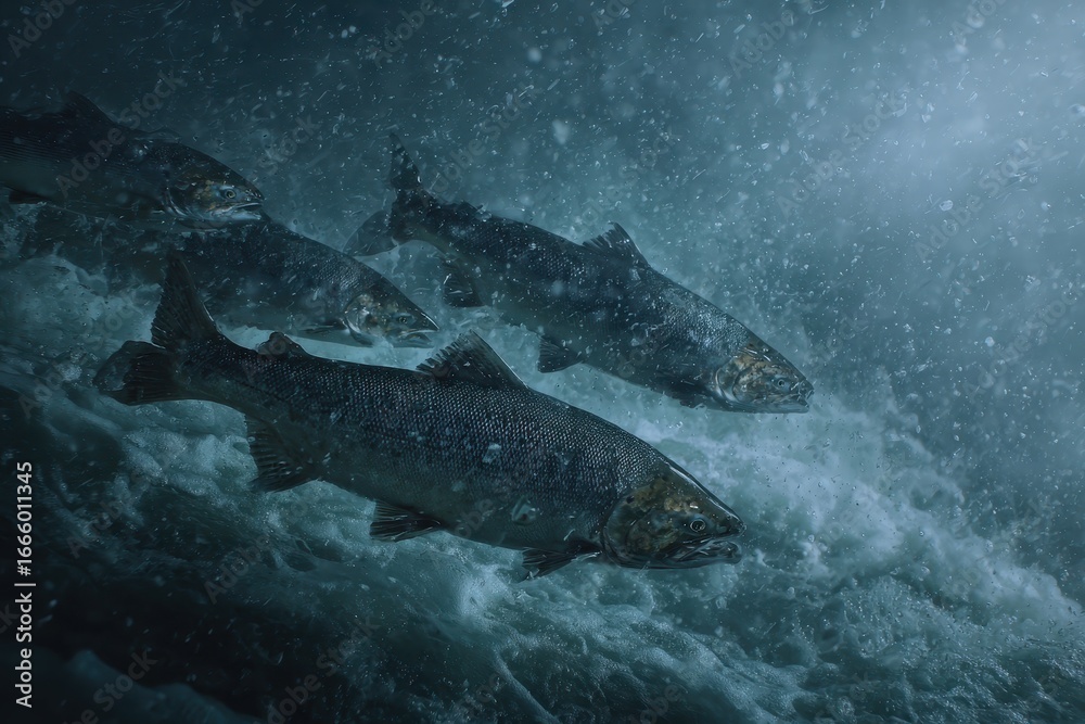 Fototapeta premium School of salmon navigating through slimy ocean water in search of food and suitable habitat, showcasing their remarkable swimming abilities and instincts