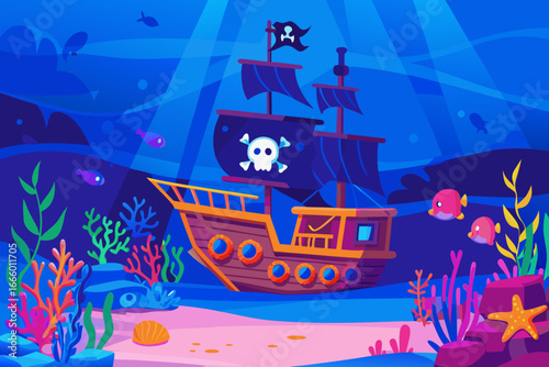 Pirate ship underwater ocean floor with coral reef and sea creatures surrounding it