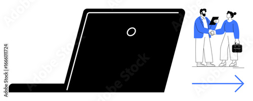 Laptop front view with professionals handshaking and discussing work. Ideal for teamwork, remote work, digital collaboration, business agreement, tech integration, networking, and partnership