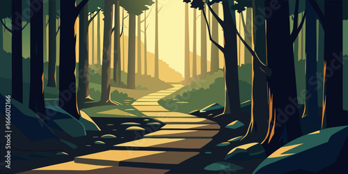 Sun dappled forest path winding through tall trees with light filtering through