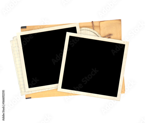 Top view of blank vintage aged letter paper envelope and two blank photo frame. Retro photo on with envelope with a rope is depicted.  Nostalgic scrapbooking style. Isolated on white background
