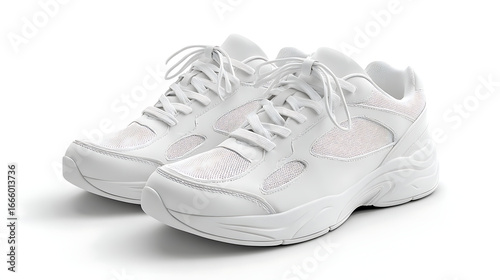 Illustration of pair of stylish white sneakers on a white surface, perfect for sports, fitness, or casual wear, showcasing modern design and comfort, isolated on white background