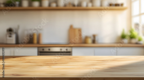 Blurred background of a modern kitchen interior with an empty wooden table. Kitchen background illustration.