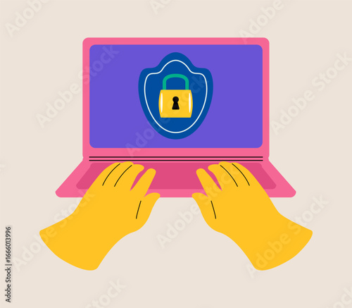 Hands with laptop with security measures. Colorful vector illustration