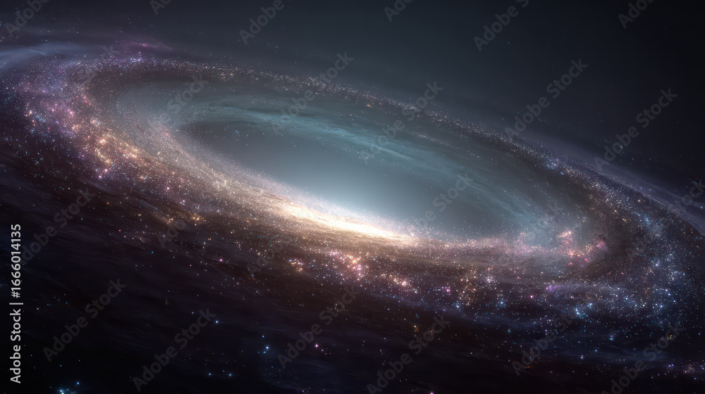 Fototapeta premium Stunning view of spiral galaxy with bright core and swirling arms filled with stars and cosmic dust, creating mesmerizing