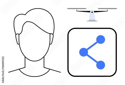 Simplified human profile outline, a compact drone hovering, and a share icon in blue. Ideal for technology, social media, communication, connectivity, minimalism, innovation simple landing page