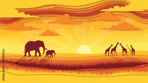 A vibrant savanna sunset silhouette showcases a herd of giraffes and a pair of elephants against a warm, layered sky.