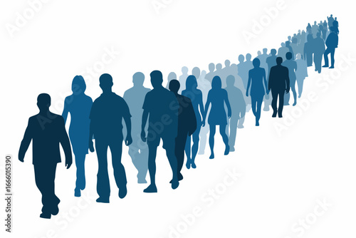 A group of people walking in a line fading into the distance slowly