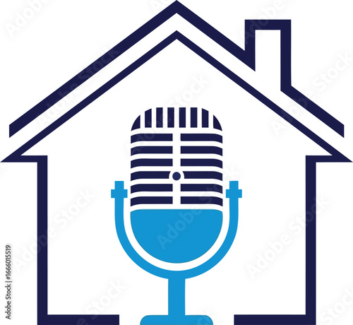 A stylized illustration of a vintage microphone inside a house outline, symbolizing home recording or broadcasting.