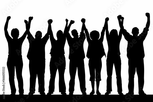 Group of people standing together with raised arms in celebration or triumph