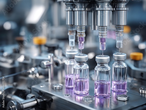 Wallpaper Mural Industrial robotic machine filling disposable syringes with transparent liquid. Torontodigital.ca