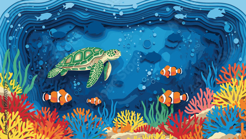 A vibrant underwater scene showcases a majestic sea turtle gracefully swimming amidst colorful coral reefs, with schools of clownfish darting through the cle...