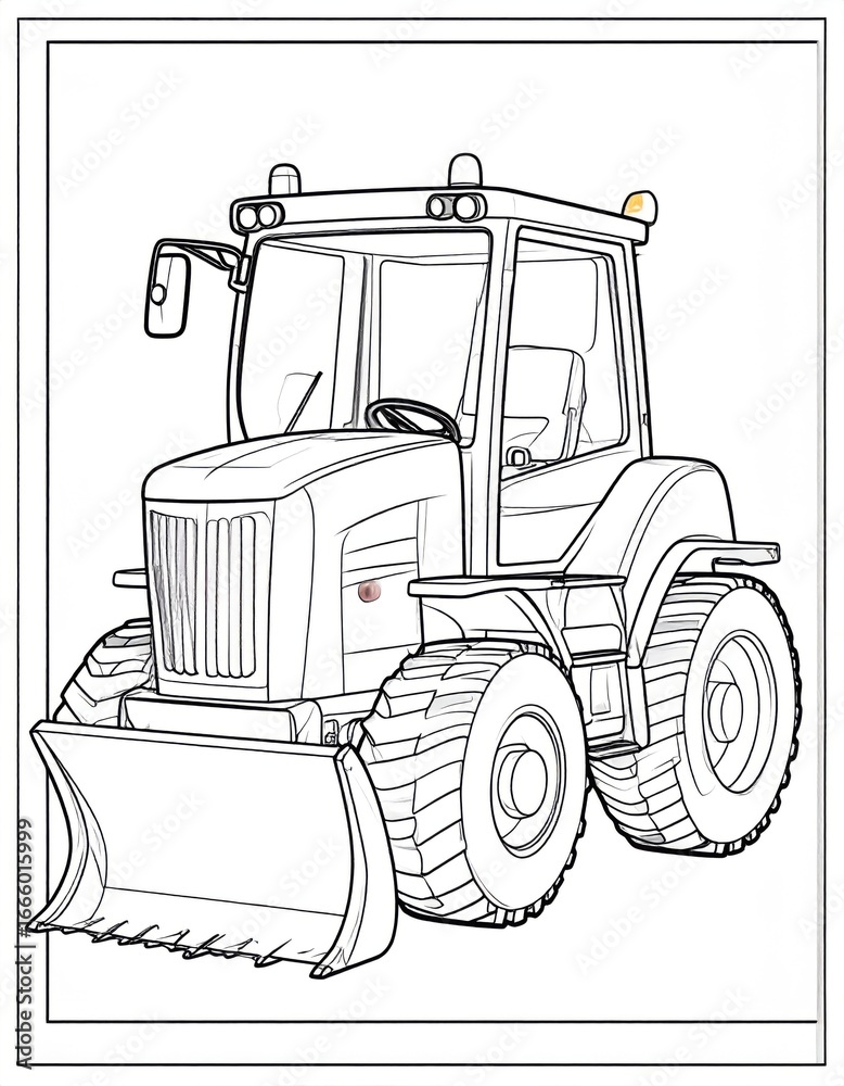 Naklejka premium A detailed yet simple line art coloring page of a bulldozer, with a thick border.