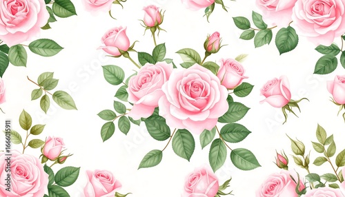 Wallpaper Mural Delicate pink roses and green leaves on a white background create a seamless floral pattern Torontodigital.ca