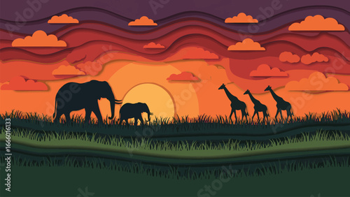 Silhouette of elephants and giraffes walking across a grassy savanna during a vibrant sunset with layered clouds.