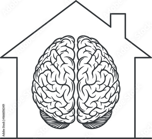 Illustration depicting a human brain enclosed within the outline of a house, symbolizing the mind's home.