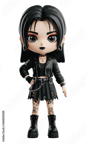 Chibi full-body character in gothic streetwear with black leather jacket, high boots, and tattoos, standing